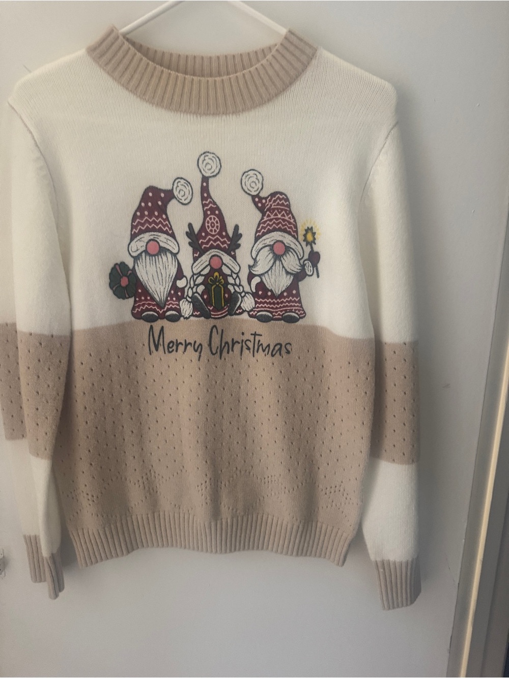 Merry Christmas Beige & White Gnome Knit Sweater - NWOT